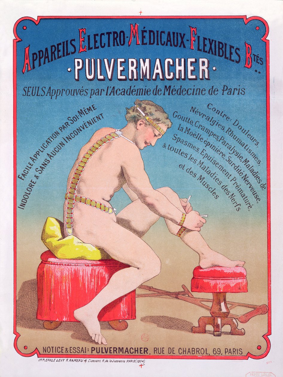 海报广告电动医疗身体按摩和刺激机Pulvermacher，1884年 作者 法语学校
