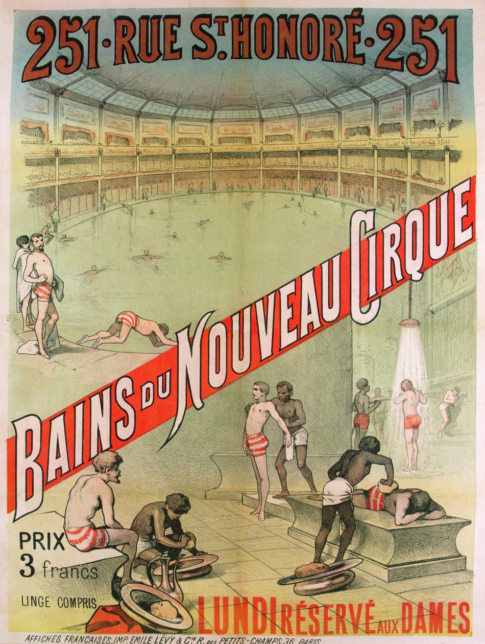 巴黎圣奥诺雷街 251 号 "Bains du Nouveau Cirque "的广告海报，19 世纪末（彩色石版画） 作者 法语学校
