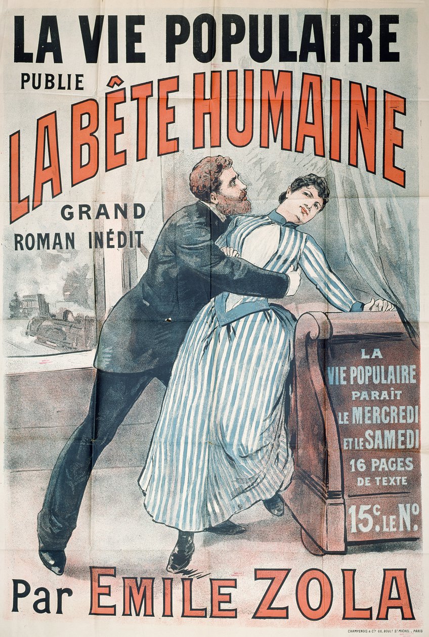 海报通过Emile Zola（1840-1902）在La Vie Populaire，1890年出版的人类野兽广告 作者 法语学校