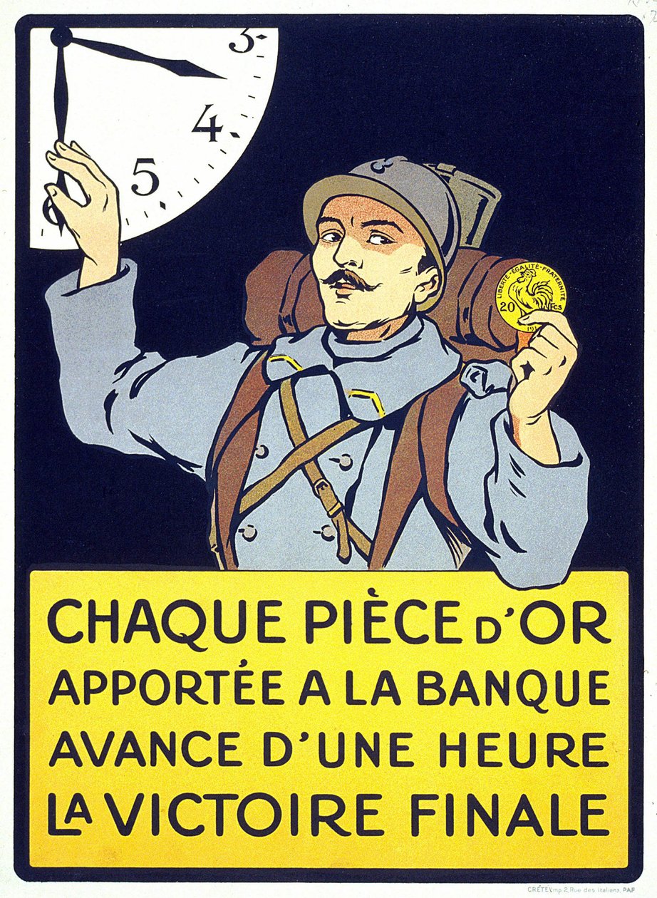 1914年印刷的海报。"每一枚带到银行的金币都会使最后的胜利提前一个小时"（一个毛茸茸的人拿着一枚法郎硬币）。 作者 法语学校