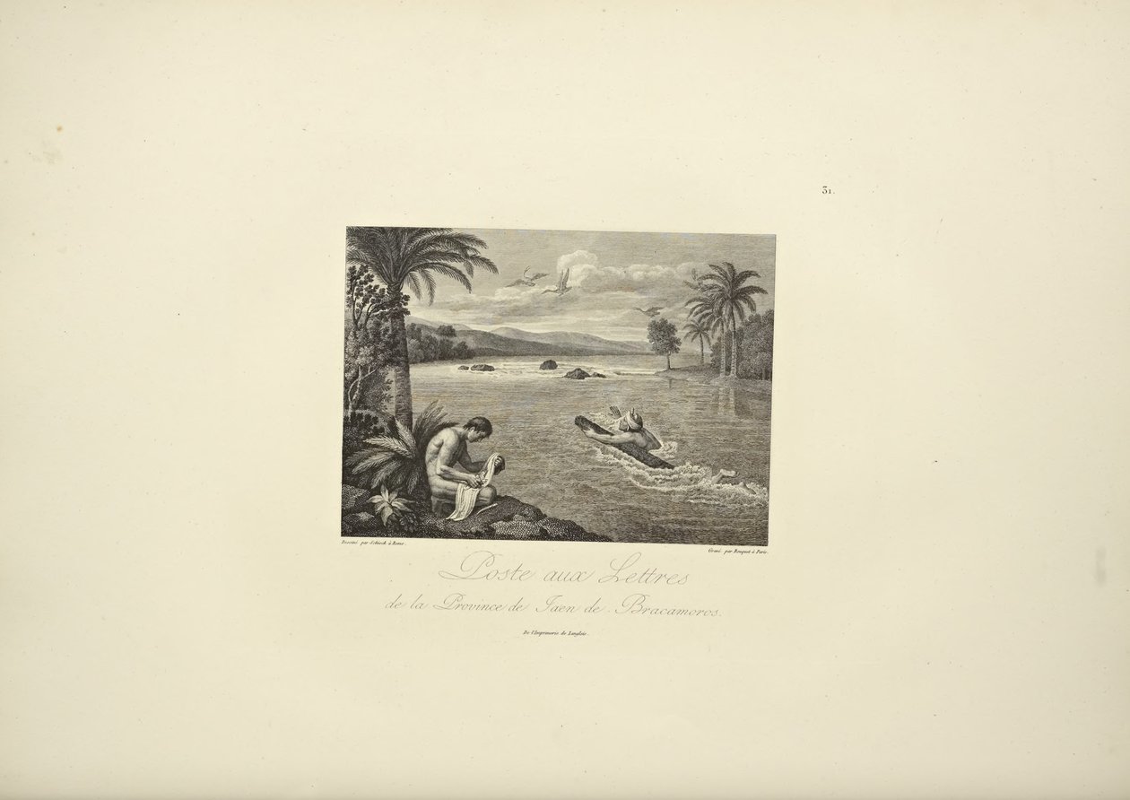 在Jaen de Bracamoros省张贴信件，插图来自Alexander von Humboldt和Aime Bonpland的《Vues des Cordillères et Monumens des Peuples Indigènes de l