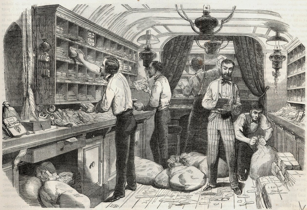 帖子: interieur du bureau ambulant - Edmond Texier 1852年在 "Tableau-de-Paris "的雕刻作品 作者 法语学校