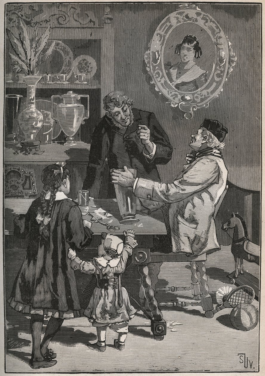 Potichomy，19世纪模仿中国和日本瓷器花瓶的一种工艺。1880年阿道夫-比塔尔（Adolphe BITARD）在 "Les arts et metiers illustrstres "中的版画。 作者 法语学校