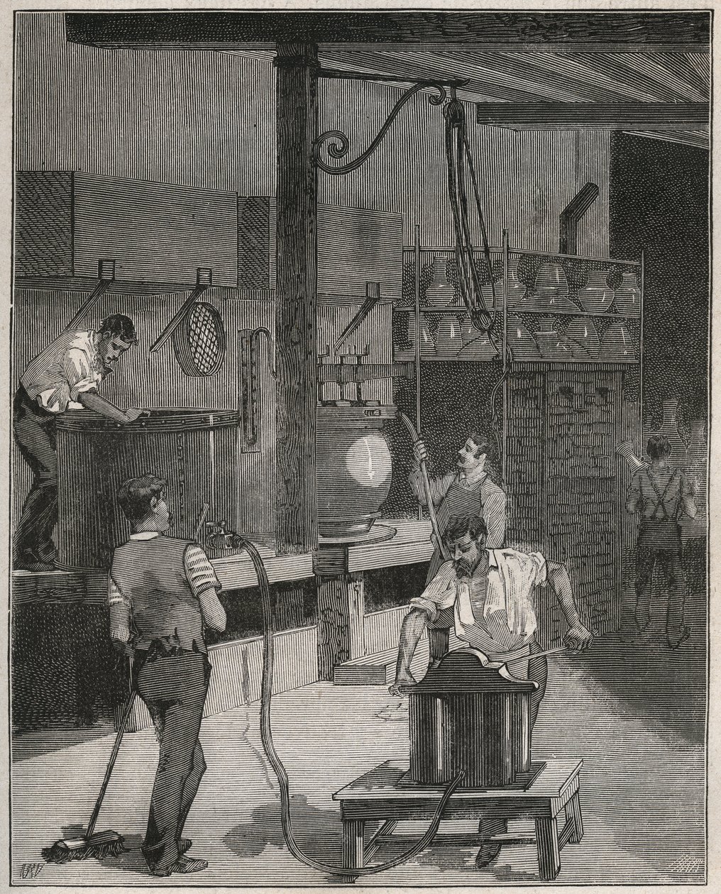 陶器，塞夫勒制造。真空和压缩空气铸造车间。1885年阿道夫-比塔尔（Adolphe BITARD）在 "Les arts et metiers illustrstres "中的版画。 作者 法语学校