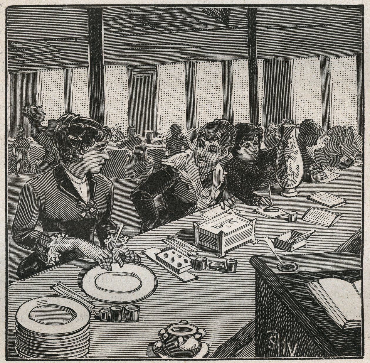 陶器：19世纪法国的瓷器绘画工作室。1880年阿道夫-比塔尔（Adolphe BITARD）在 "Les arts et metiers illustrstres "中的版画。 作者 法语学校