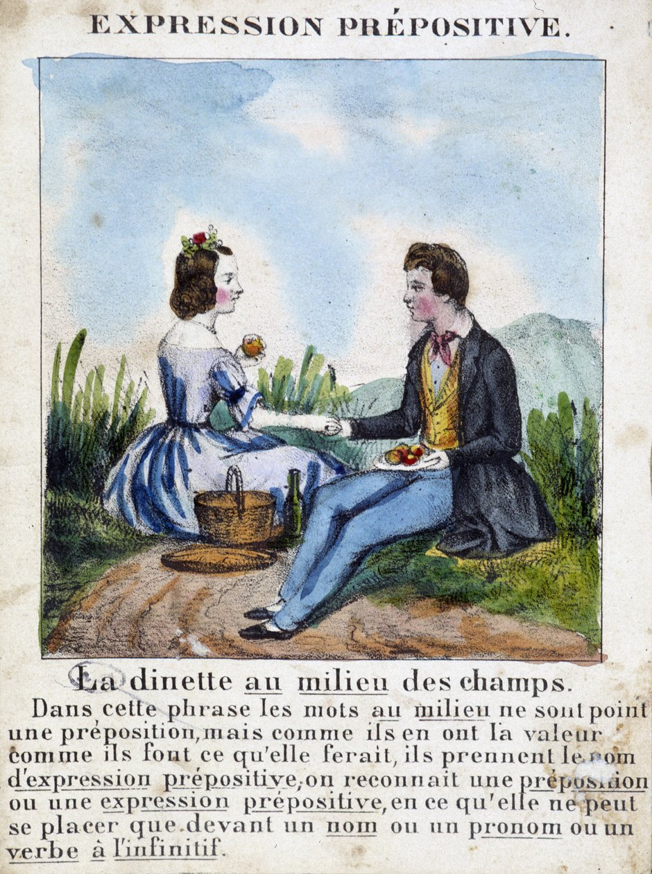 Prepositive expression (La dinette au milieu des champs) - grammar book in images, circa 1850 作者 法语学校