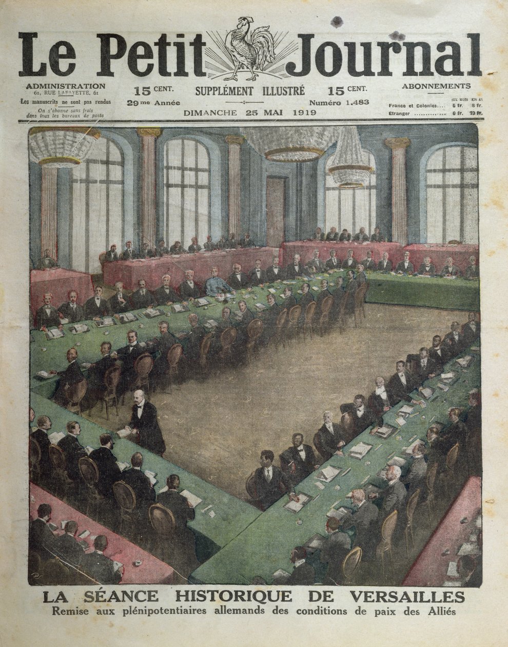 1919年5月7日在凡尔赛宫向德国代表介绍盟军和平条件，Le Petit Journal封面，1919年5月25日 作者 法语学校