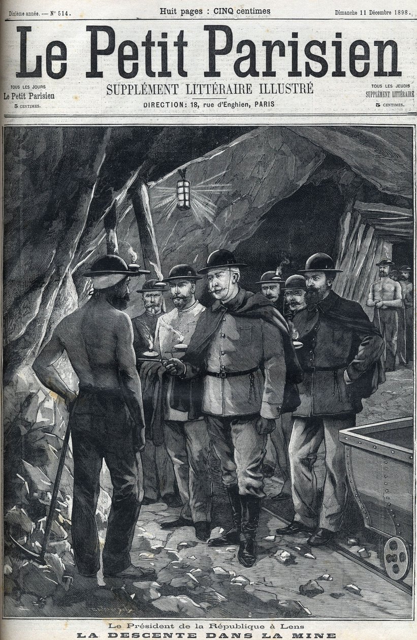 1898年12月，法兰西共和国总统费利克斯-福尔访问朗斯矿区。小巴黎人 "报纸的封面。 作者 法语学校