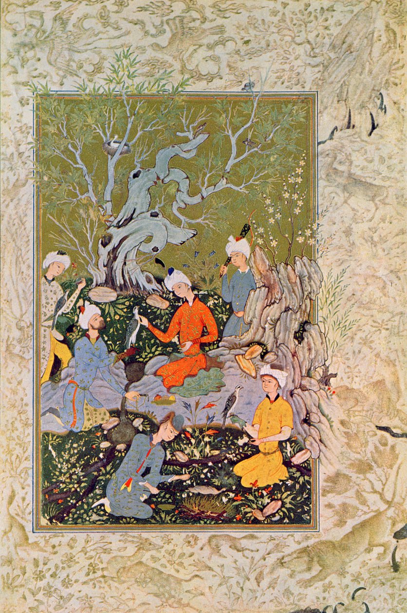 王子狩猎猎鹰，插图为阿拉伯之夜，1895年（彩色雕刻） 作者 法语学校