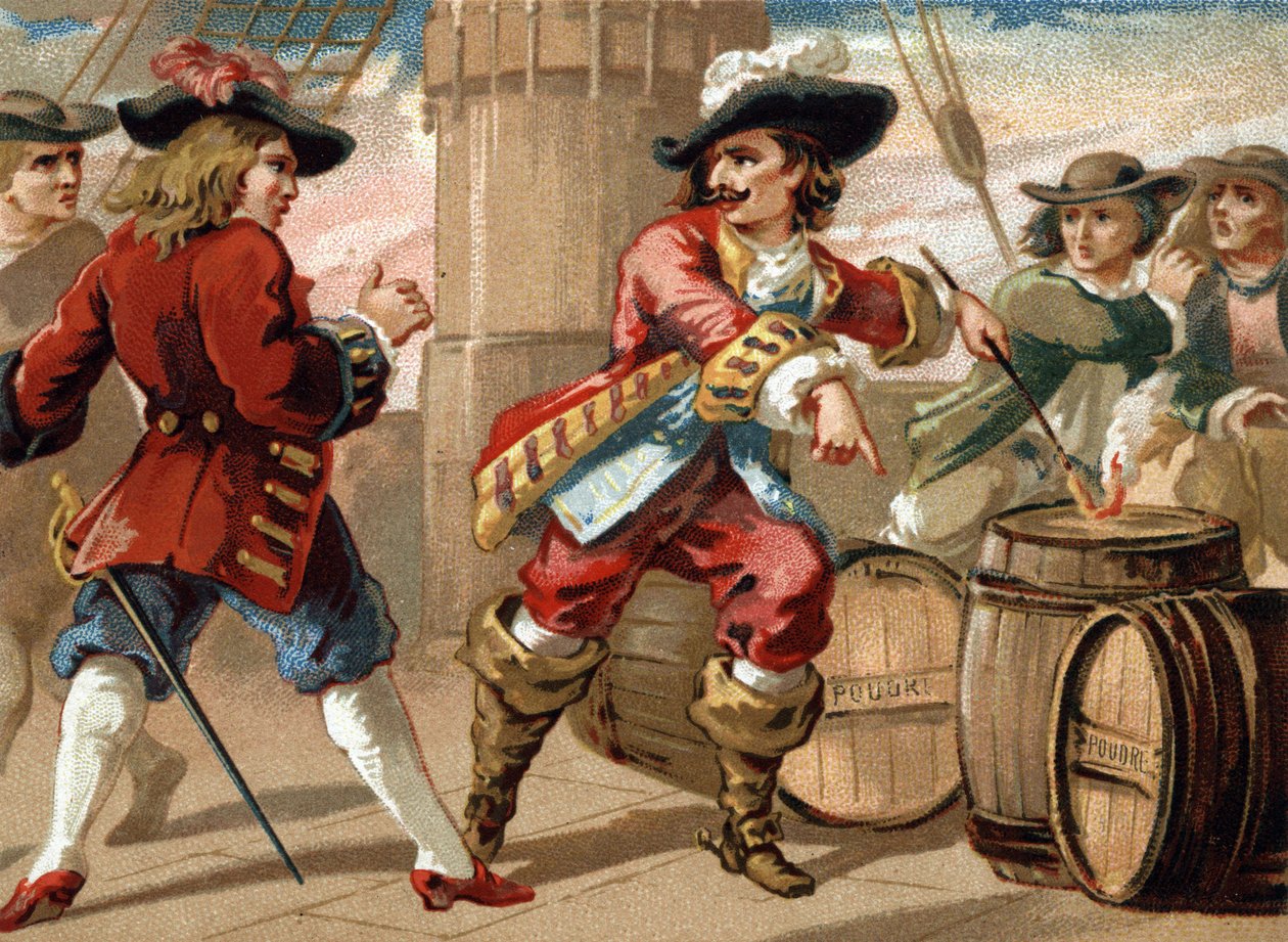 Privateer Jean Bart (1650-1702) threatened an English privateer who took him prisoner by threatening him to blow up his ship by setting fire to a barrel of powder. Chromolithography of the late 19th century 作者 法语学校