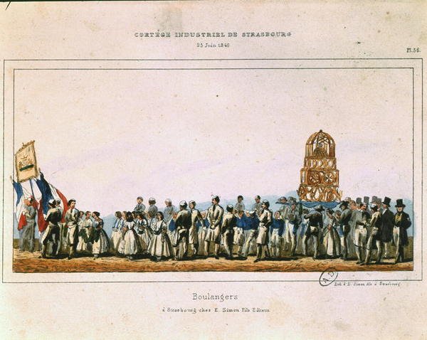 1840年6月25日在斯特拉斯堡举行的面包师游行（彩色平版印刷）。 作者 法语学校