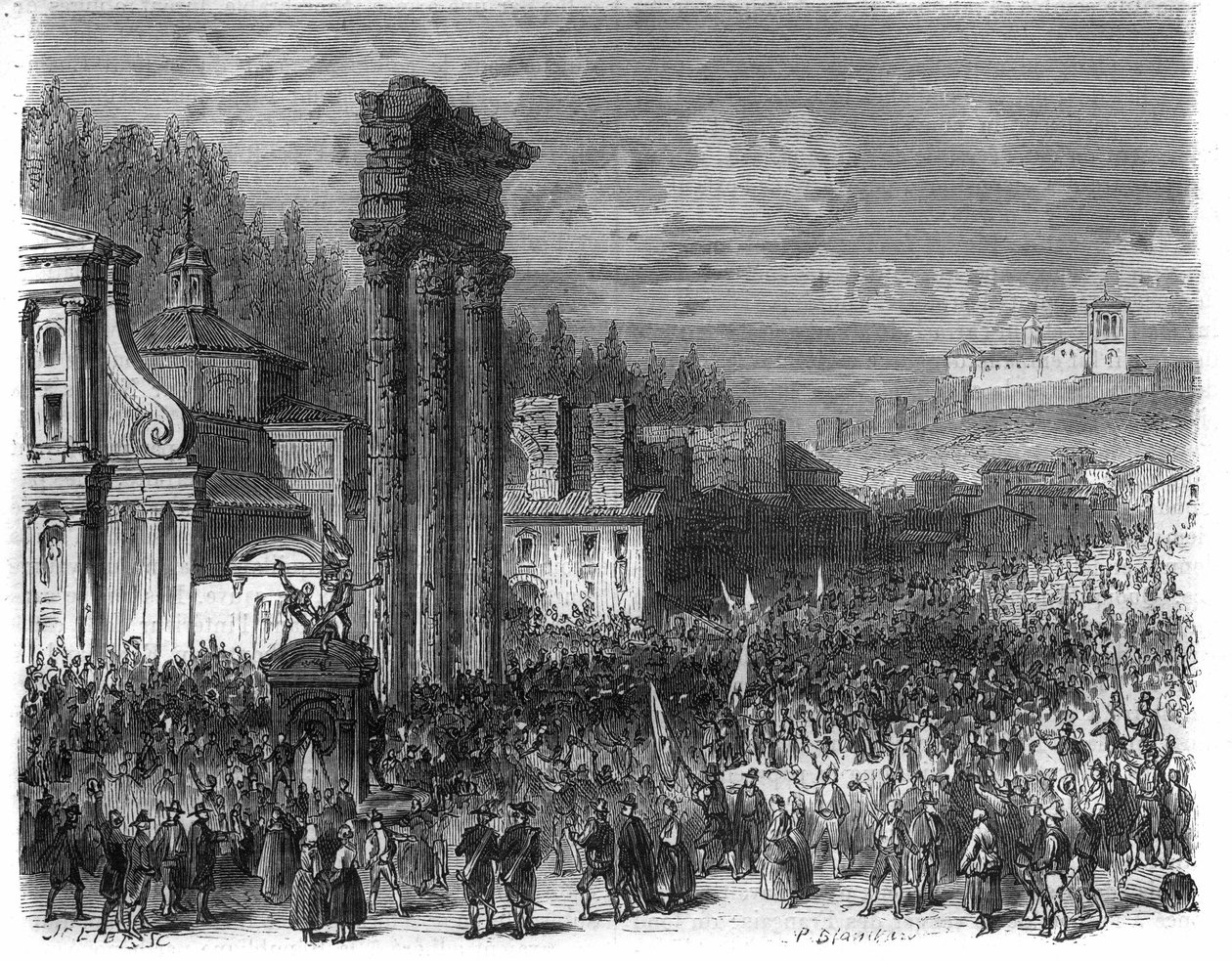 1798年罗马共和国的宣言。(Proclamation della repubblica romana nel 1878) Maurice Lachatre的 "Histoire des Papes-King-Queen-and-Empereurs a travers les centuries "中的版画。 作者 法语学校