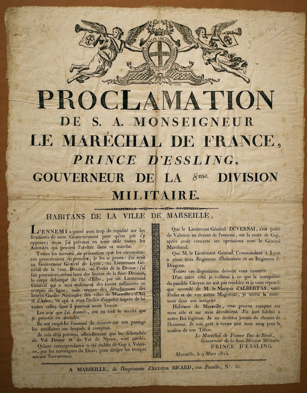 Proclamation to the inhabitants of the city of Marseille, dated March 9 作者 法语学校