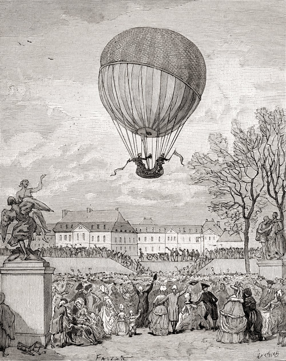Jacques Charles教授和Nicolas-Louis Robert教授于1783年12月1日在巴黎Tuilleries花园驾驶世界上第一个载人氢气球，摘自《法国历史》，约1880年出版（雕刻）。 作者 法语学校