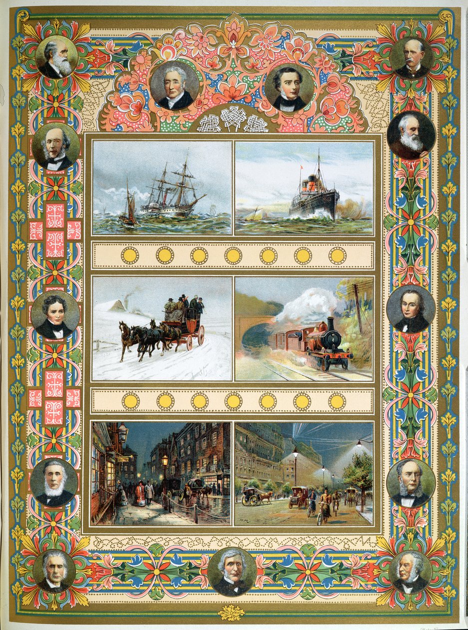 维多利亚女王统治时期的进步（1819-1901）。帆船，蒸汽船，蒸汽火车和燃气和电动街道照明，1887年 作者 法语学校