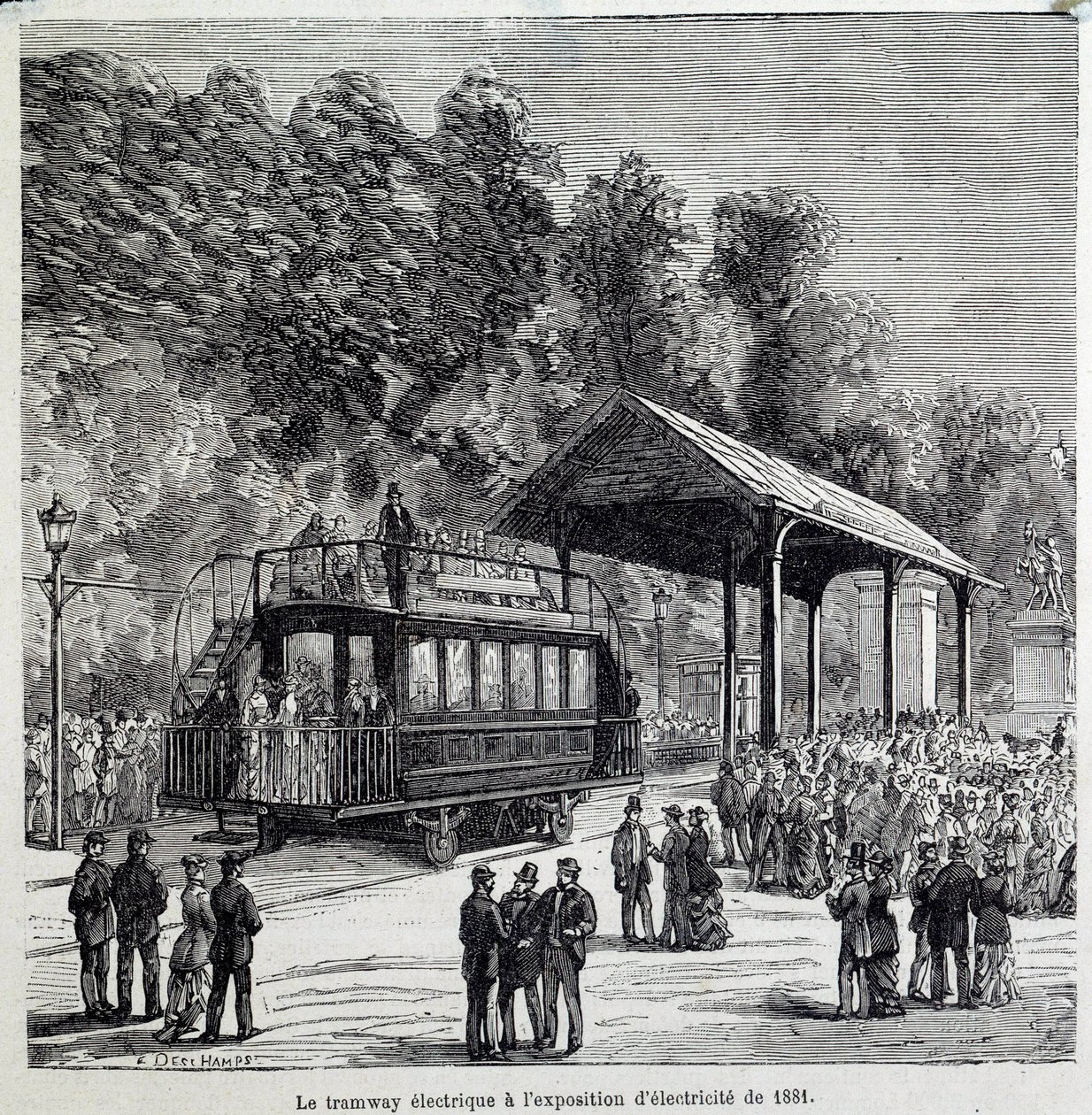 交通进步：1881 年，电车轨道上展出了 Electricite。19 世纪的版画 作者 法语学校