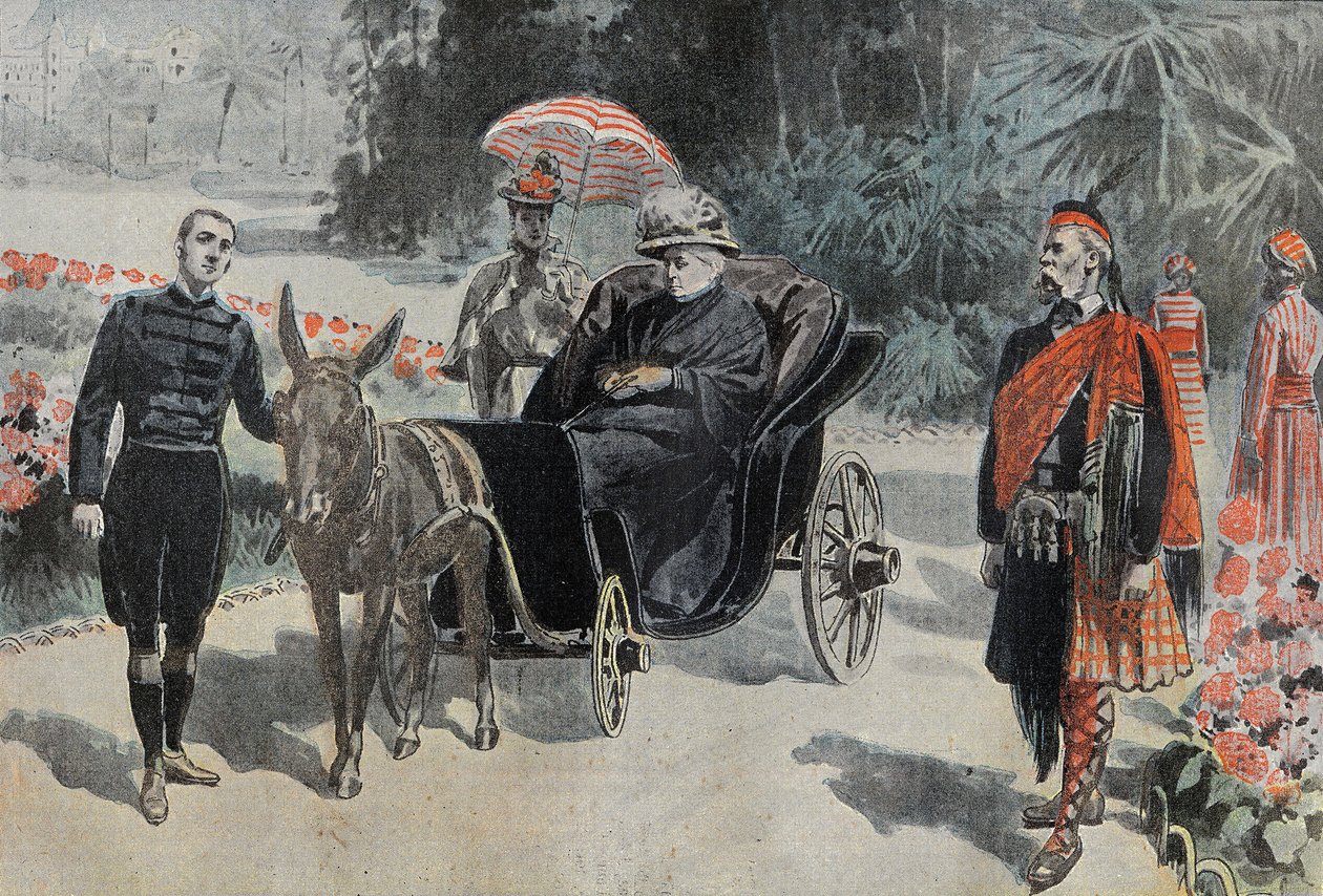 维多利亚一世（1837-1901）英国女王的长廊，在尼斯附近的Cimiez酒店的公园。1899年3月26日 "Le Pelerin "上的雕刻。 作者 法语学校
