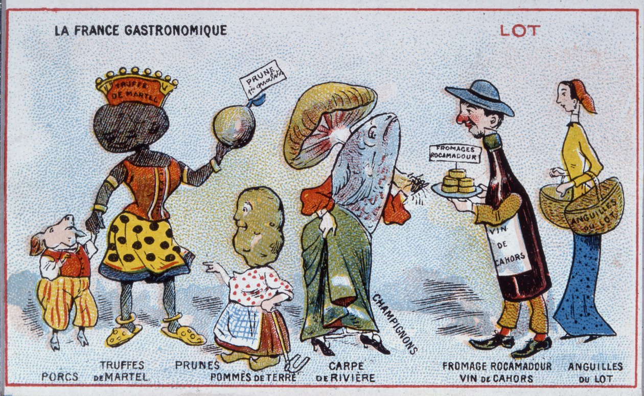 促销和教育卡片描绘了Lot地区的食品特产，c.1910 作者 法语学校