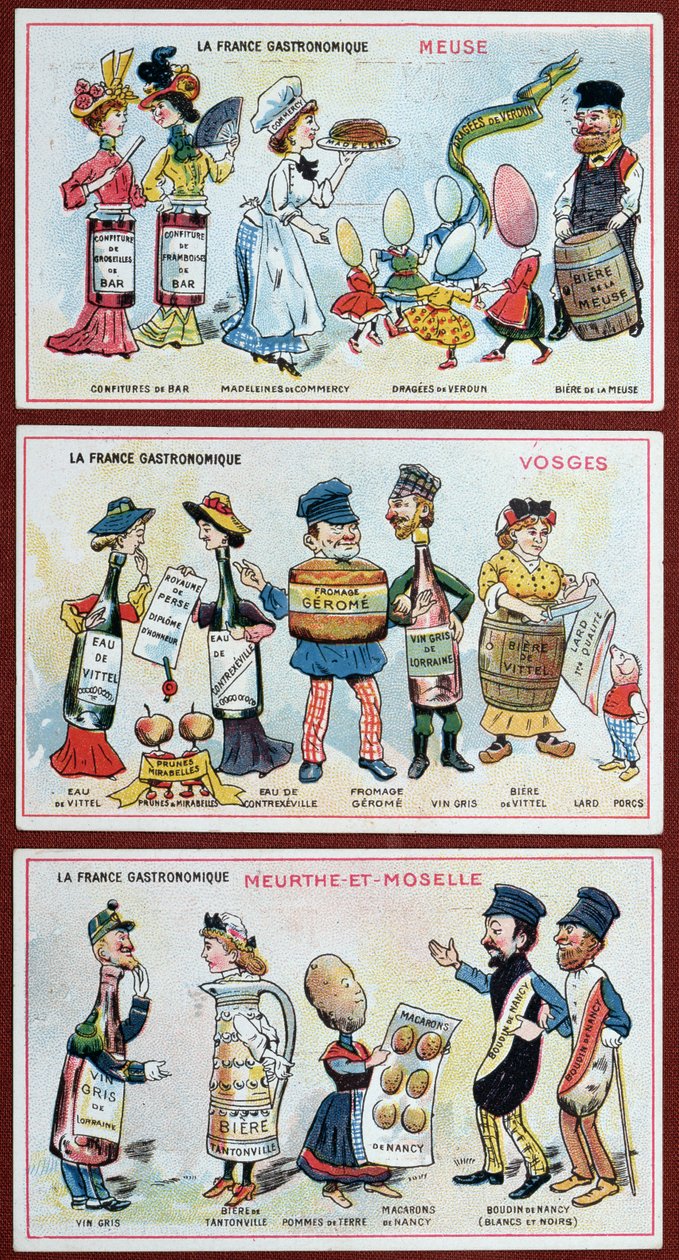 儿童的宣传和教育卡片，描绘了洛林地区的食品特色，c.1910 作者 法语学校