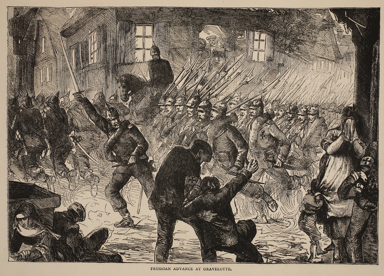 普鲁士人在Gravelotte前进，插图来自Cassells法国和德国之间的战争历史，1870-1871 作者 法语学校