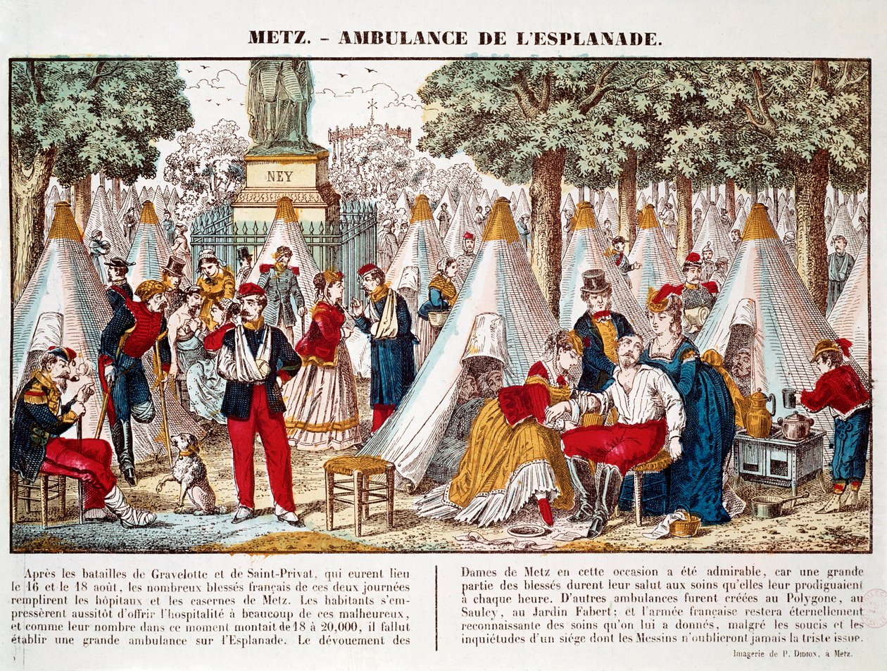 普鲁士战争：1870年在梅斯，一辆安装在河边的救护车用于治疗伤员（雕刻）。 作者 法语学校
