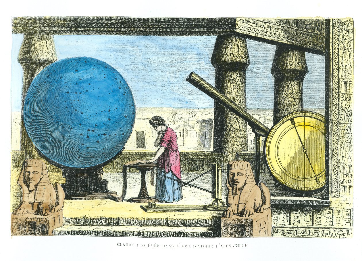 托勒密（c.90-168）（Claudius Ptolemaeus）在亚历山大的天文台，来自路易斯菲耶尔的La Vie des Savants Illustres（后来的着色） 作者 法语学校