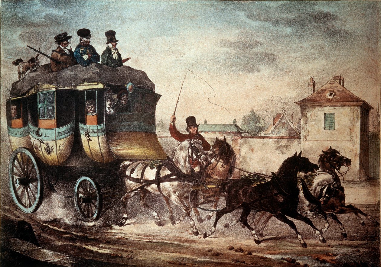 公共交通： 巴黎和莫城之间线路的勤奋。 1824 年的恶棍插图。贡比涅，城堡博物馆 作者 法语学校