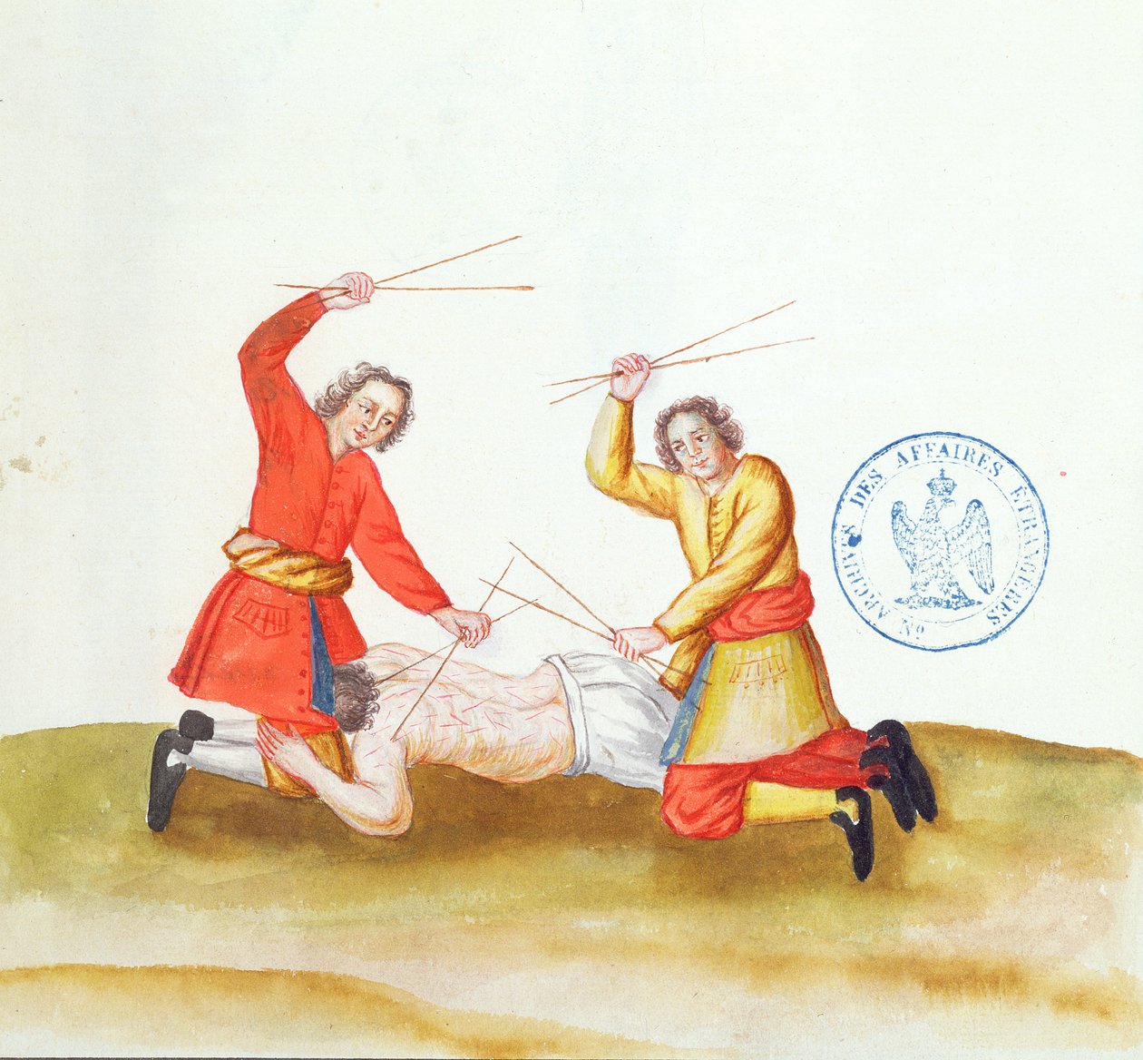来自Voyage en Russie的Sticks惩罚，1731年（笔和墨水和纸上的wc） 作者 法语学校