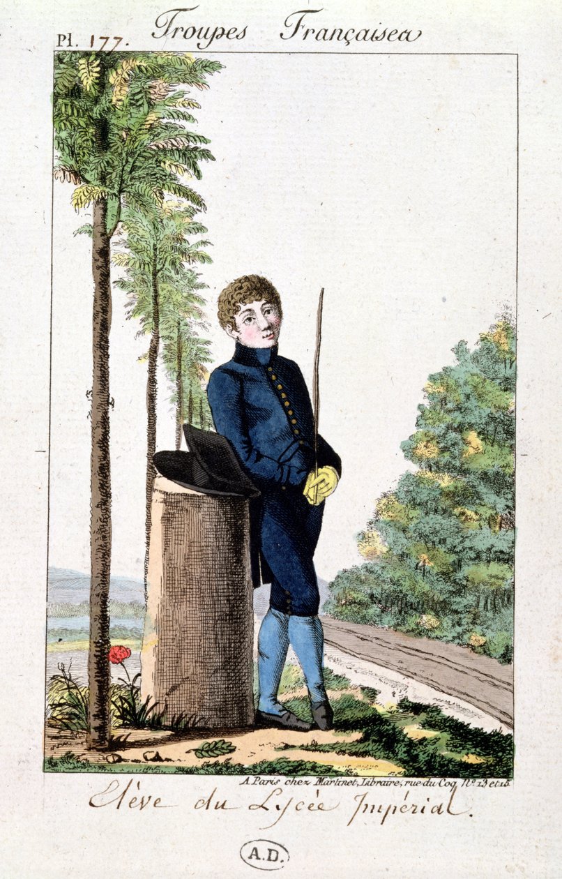 在巴黎的Lycee Imperial的学生靠在一棵树上，从Troupes Francaises的板块177，c.1805-10 作者 法语学校