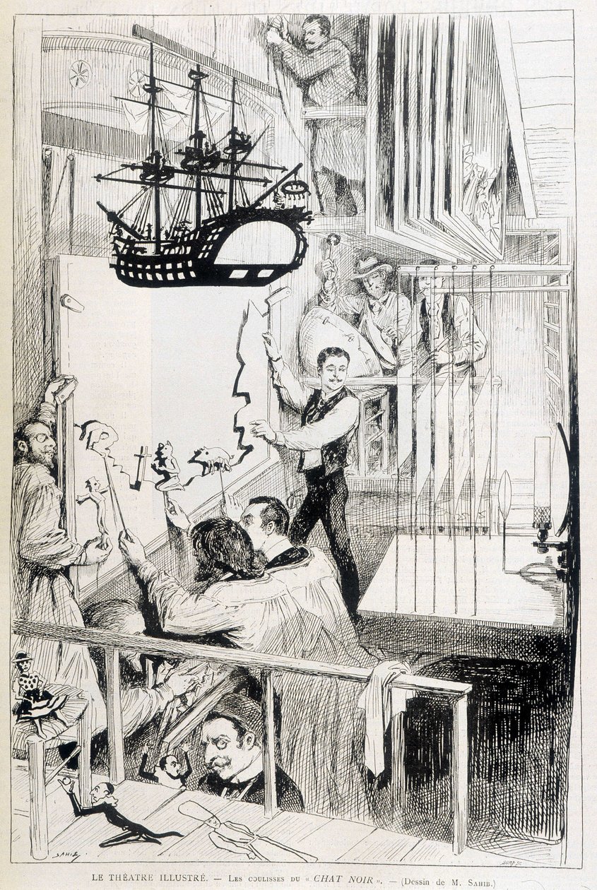 1888 年 1 月 28 日在“Le Monde illustré”中的巴黎歌舞表演黑色聊天幕后的木偶戏。 作者 法语学校