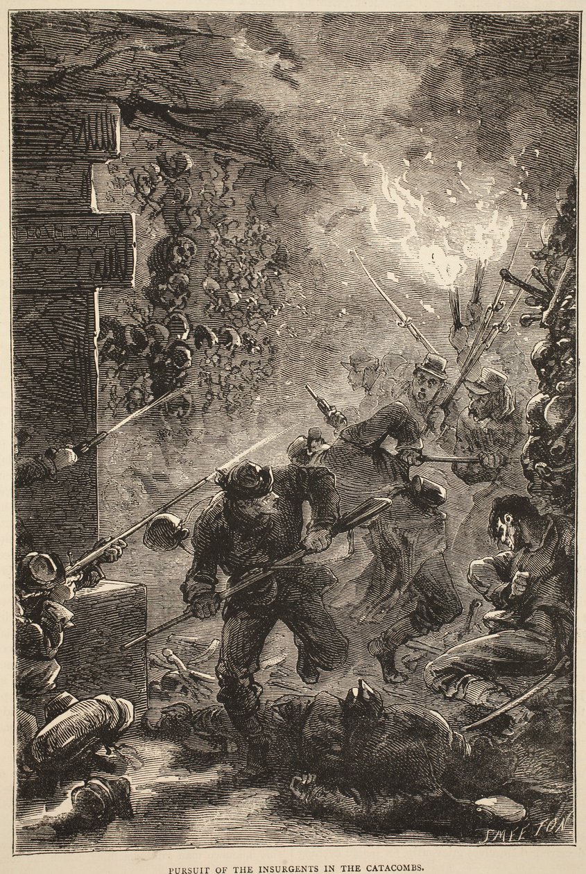 1871年5月在地下墓穴中追捕叛乱分子，插图来自卡塞尔斯法国与德国之间的战争历史，1870-1871 作者 法语学校