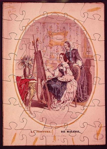 描绘妇女在画架前作画的拼图，约1840-50（彩色平版印刷）。 作者 法语学校