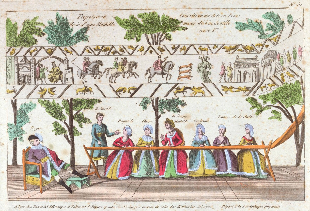 Queen Mathilda和她的仆人编织了Bayeux Tapestry，这是一个杂耍表演的场景 作者 法语学校