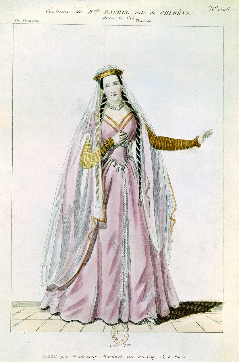 Rachel扮演Chimene在皮埃尔·科内尔（1606-84）的“Le Cid”角色中由Hautecoeur-Martinet印刷 作者 法语学校