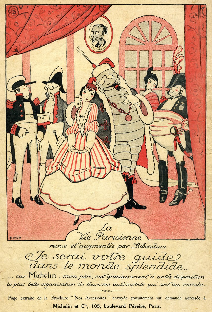 回顾 1914 年的米其林轮胎。巴黎人的生活》（La Vie Parisienne）由《必比登》（Bibendum）评论和增补："我将成为您在绚丽世界的向导，因为米其林我的父亲为您提供了世界上最美丽的汽车旅游组织"。墙上挂着一个画框 作者 法语学校