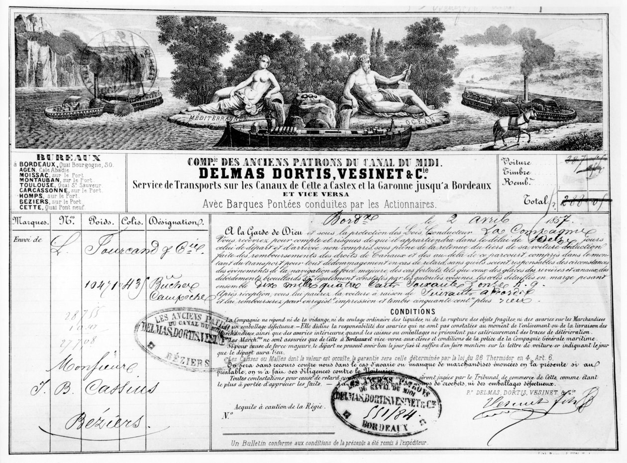 1857年由米兰运河公司签发的从波尔多到贝济耶的货物运输（bw照片） 作者 法语学校