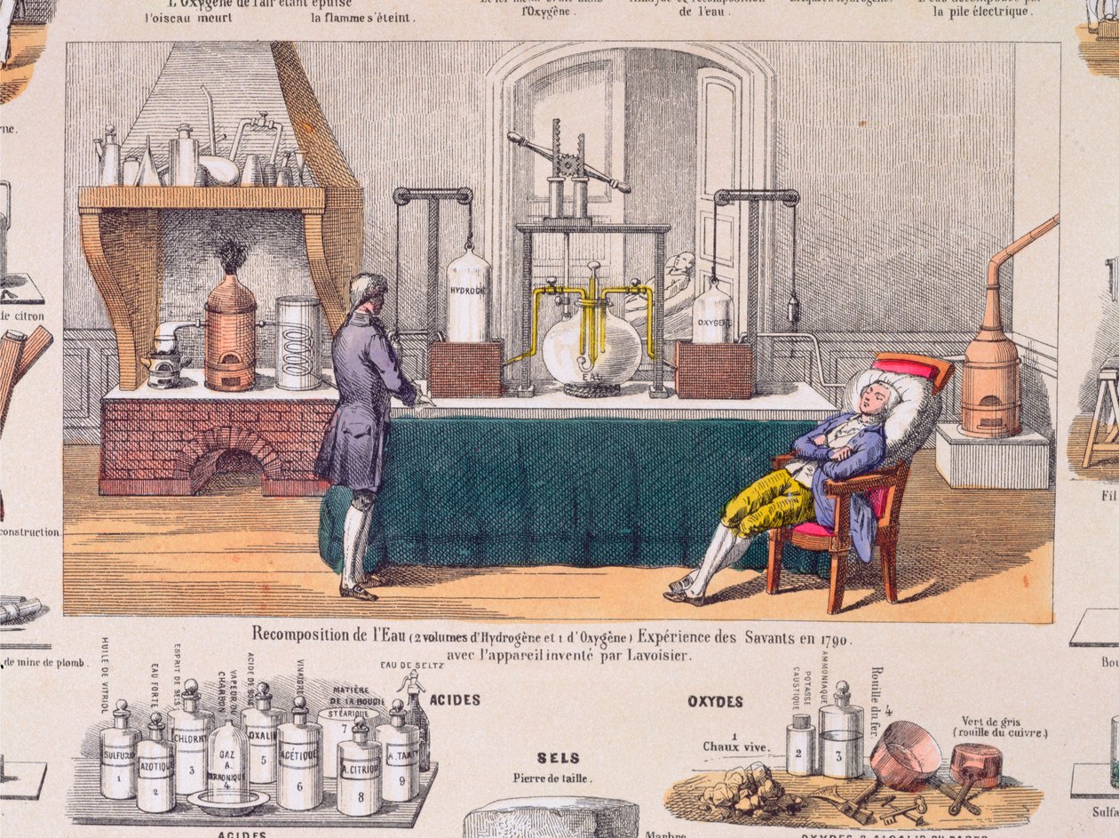 从氢和氧中重新分解水：Antoine Laurent de Lavoisier（1743-94）试验一个休息的人的呼吸，插图来自教育板块，1860年（彩色雕刻） 作者 法语学校