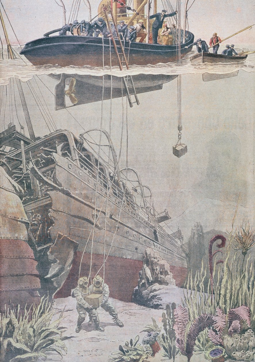 从海洋的残骸中恢复宝藏，来自Le Petit Journal的插图，1912年 作者 法语学校