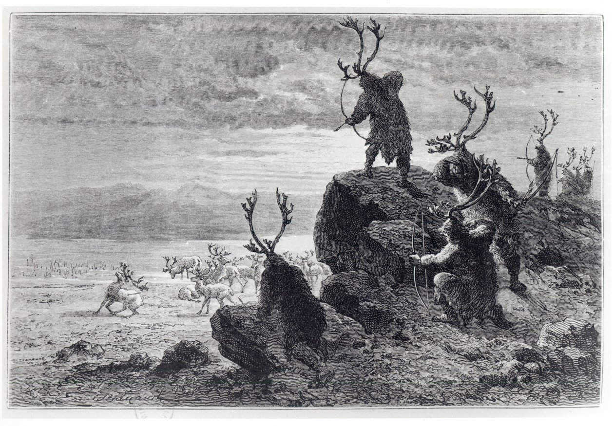 石器时代的驯鹿狩猎，来自LHomme Primitif的插图，作者：Louis Figuier（1819-94），由Hachette出版，1870年 作者 法语学校