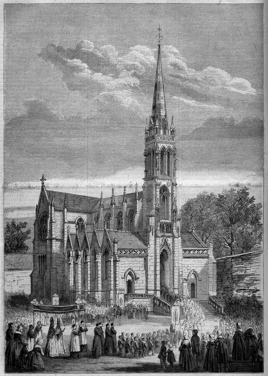 Religious architecture: general view of the church of Monfort le Retrou (today Montfort le Gesnois in the Sarthe (72), the day of its inauguration in 1858. From a sketch by Mr. Moulin. Engraving in “” Le Monde Illustré”” n°77 of 2 October 1858. 作者 法语学校