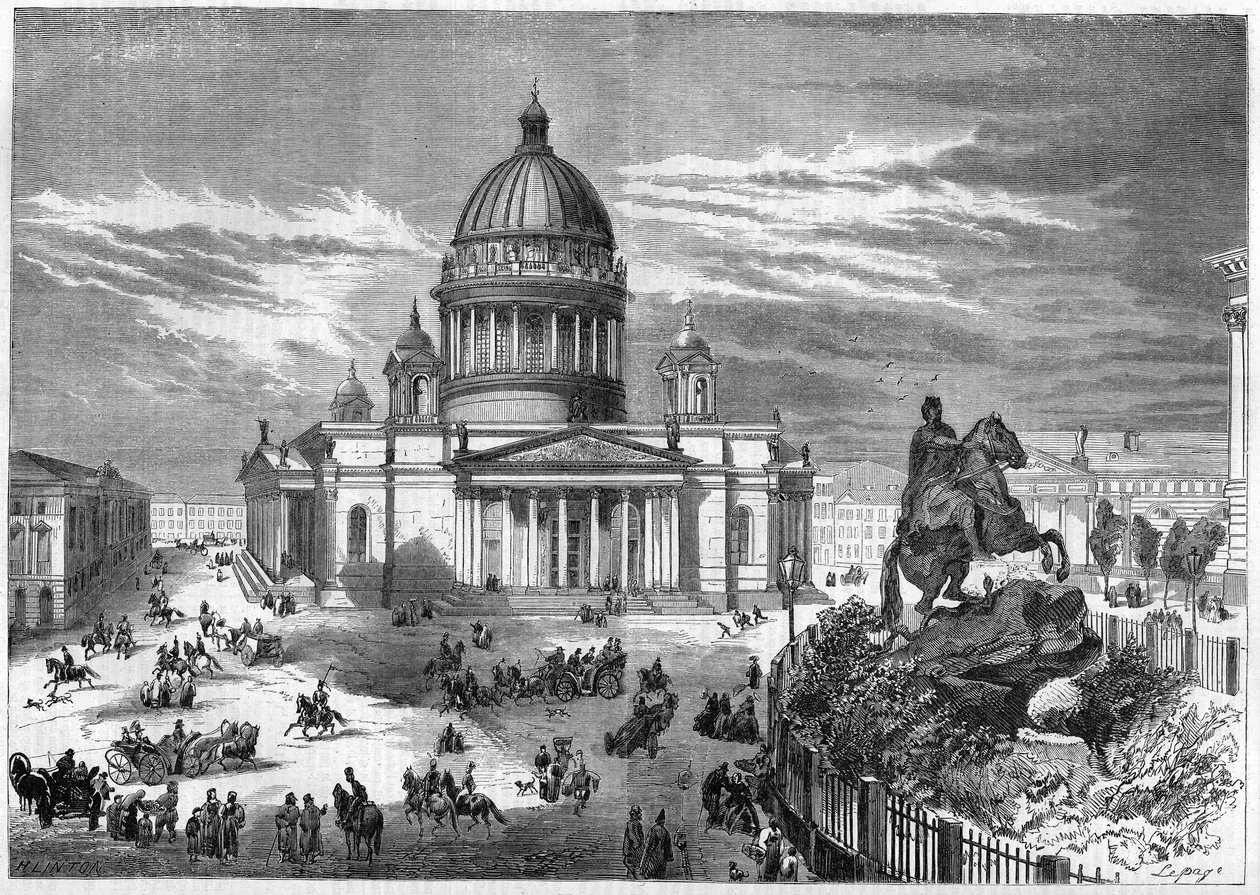 宗教建筑：俄罗斯圣彼得堡（Saint Petersburg）的圣艾萨克东正教教堂（1819-1858）的景观，该教堂是根据建筑师里卡德-蒙费朗（1786-1858）的计划建造的。右边是彼得大帝的马术雕像。 作者 法语学校