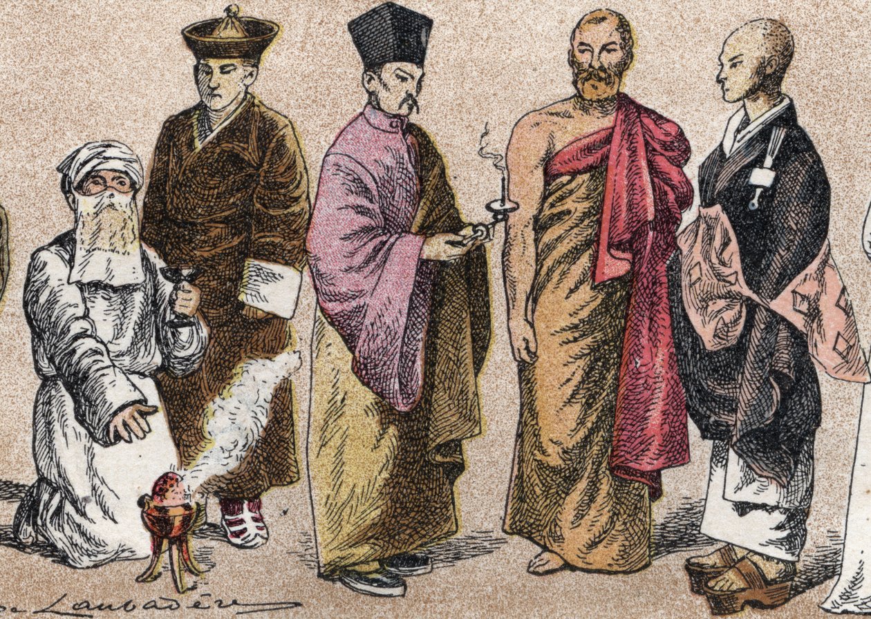 亚洲的宗教服饰：从帕西神父（帕西主义的追随者）、喇嘛（西藏精神导师）、中国佛教僧侣、锡兰和尚和日本佛教僧侣的肖像 - 雕刻 - 亚洲的宗教服饰：从左到右 作者 法语学校