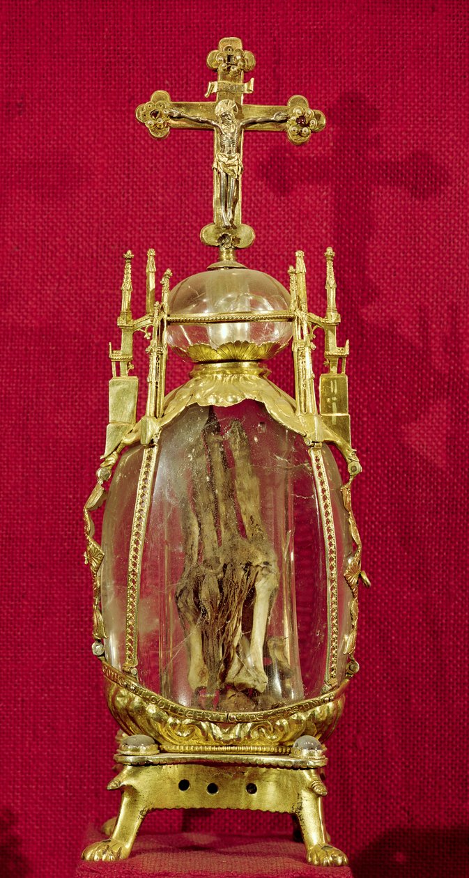 包含St. Attalia（c.697-741）12-15世纪之手（铜，镀金银和水晶）的圣物 作者 法语学校