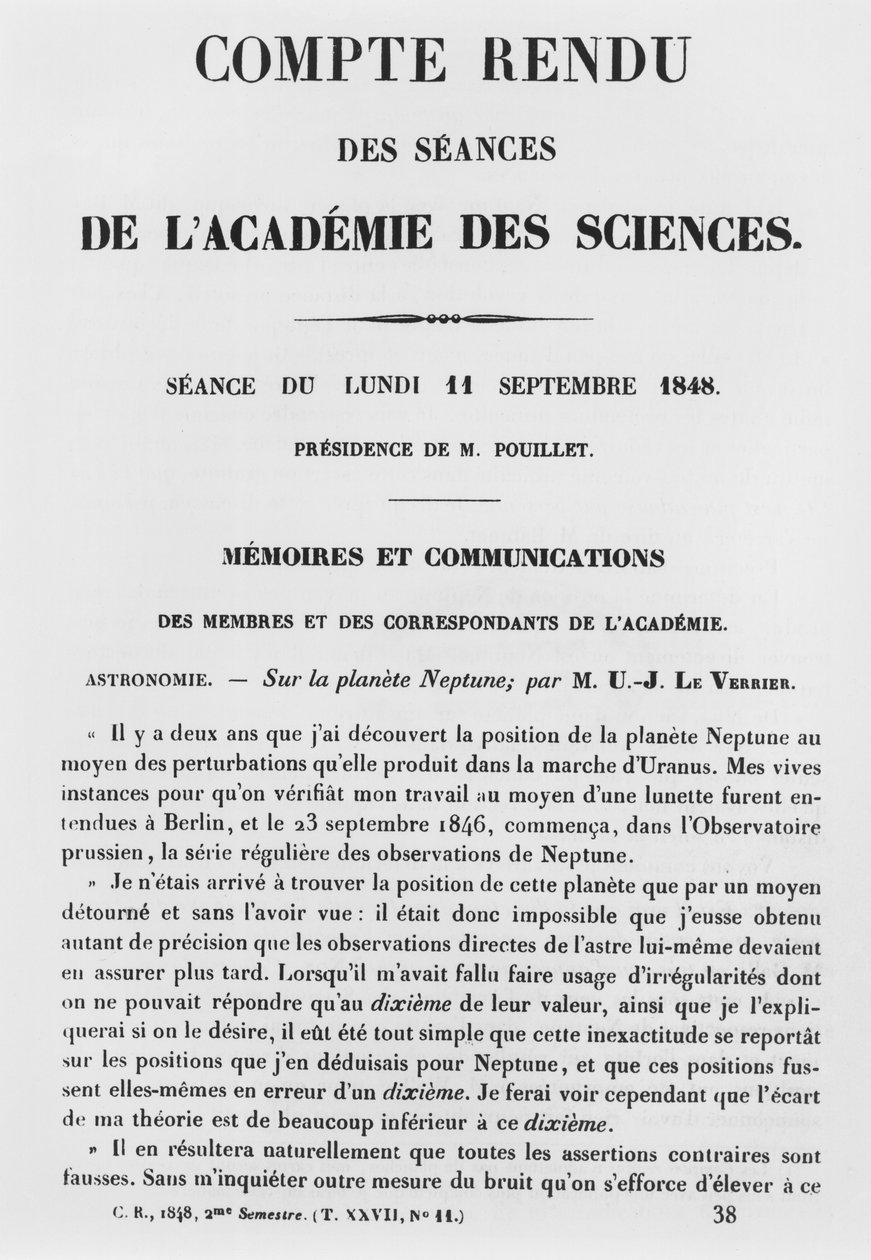 1848年9月11日，海王星上的Jean Joseph Le Verrier（1811-77）在科学院举行的会议报告 作者 法语学校