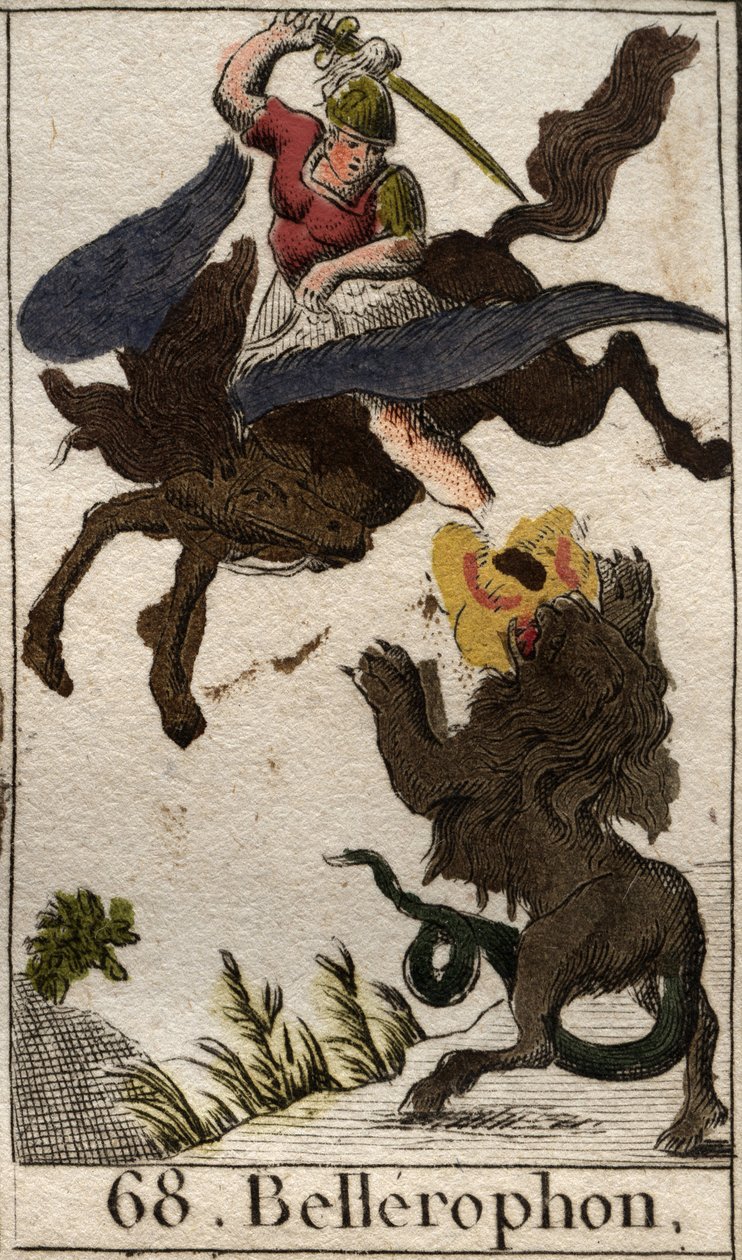 Representation of Bellerophon, riding Pegase, killing the chimere (representation of Bellerophon, on Pegasus, spearing the Chimera). From “Mythology of Youth” by Pierre Blanchard 1803. 作者 法语学校