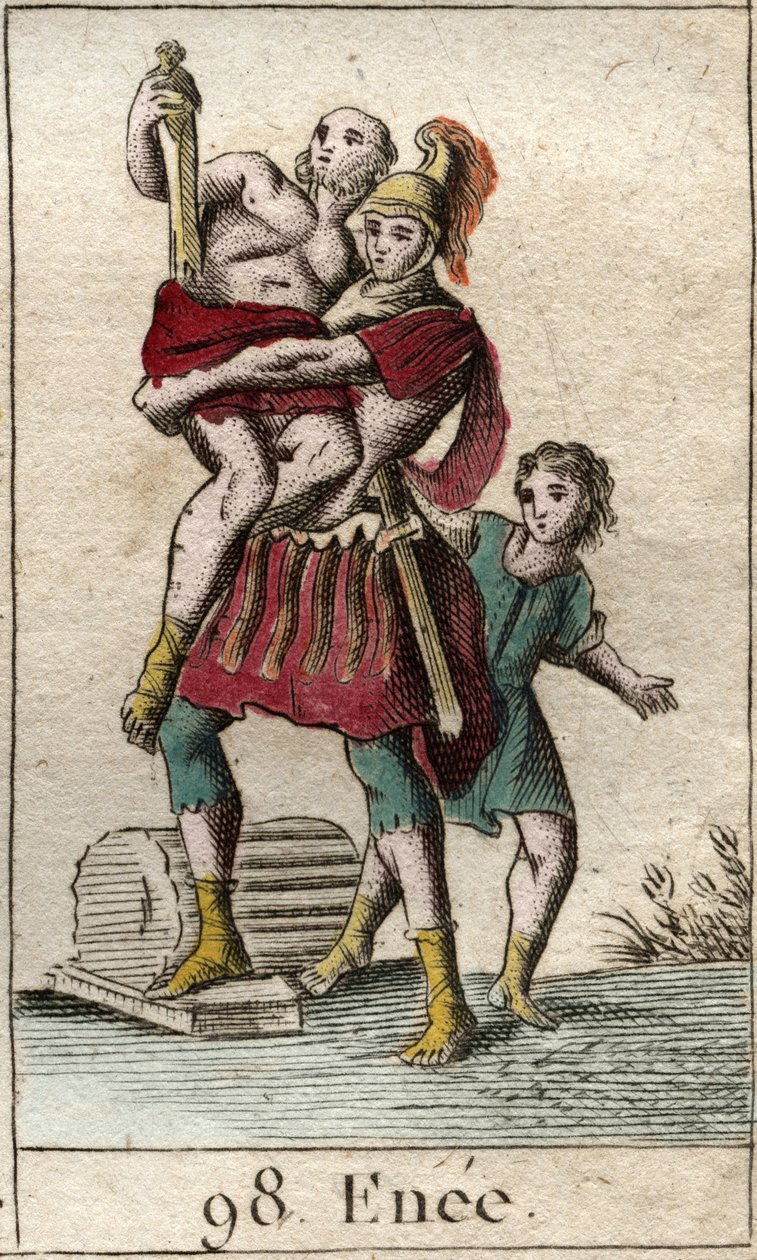 Representation of Enee during the escape from Troy taken by the Greeks, carrying his father Anchise on his shoulders, followed by his son Ascagne as a child. (Aeneas flees away Troy sacked by the Greeks, carrying Anchises on his back and followed by his so 作者 法语学校