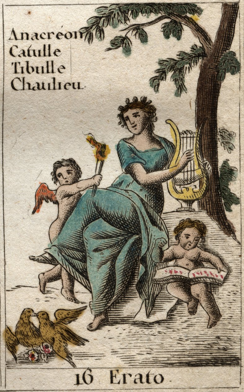 抒情诗的缪斯Erato的代表作，手持一把琴 (Representation of Erato, Muse of lyric poetry, holding a lyre)。摘自皮埃尔-布兰查德1803年的《青年神话》。 作者 法语学校