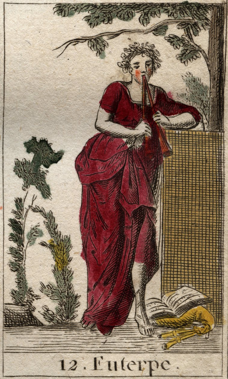 表现音乐的缪斯Euterpe，被音乐书包围着，吹着双笛（aulos）（Euterpe，音乐的缪斯，描绘着手持双笛（aulos））。摘自皮埃尔-布兰查德1803年的《青年神话》。 作者 法语学校