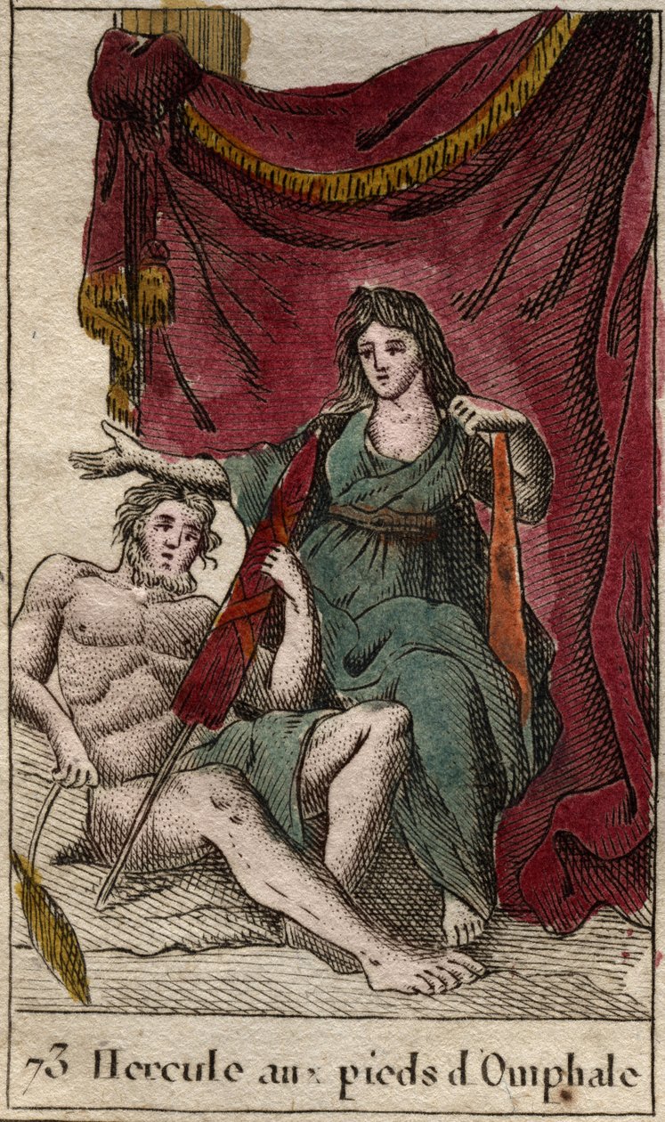 表现赫拉克勒斯，Omphale的情人，伸着腰，拿着仙女棒（赫拉克勒斯（Hercules）躺在他所爱的Omphale的脚下，拿着仙女棒）出自《青年神话》，作者Pierre Blanchard 1803。 作者 法语学校