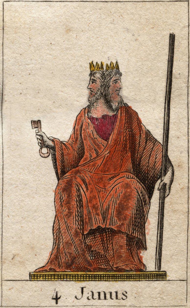 Janus 的代表，开始和通道之神，他用两张脸表示（Janus（或 Ianus）是门、门、开始和结束之神，用两张脸和一把钥匙表示）。 出自 Pierre Blanchard 1803 年的《青春神话》。 作者 法语学校
